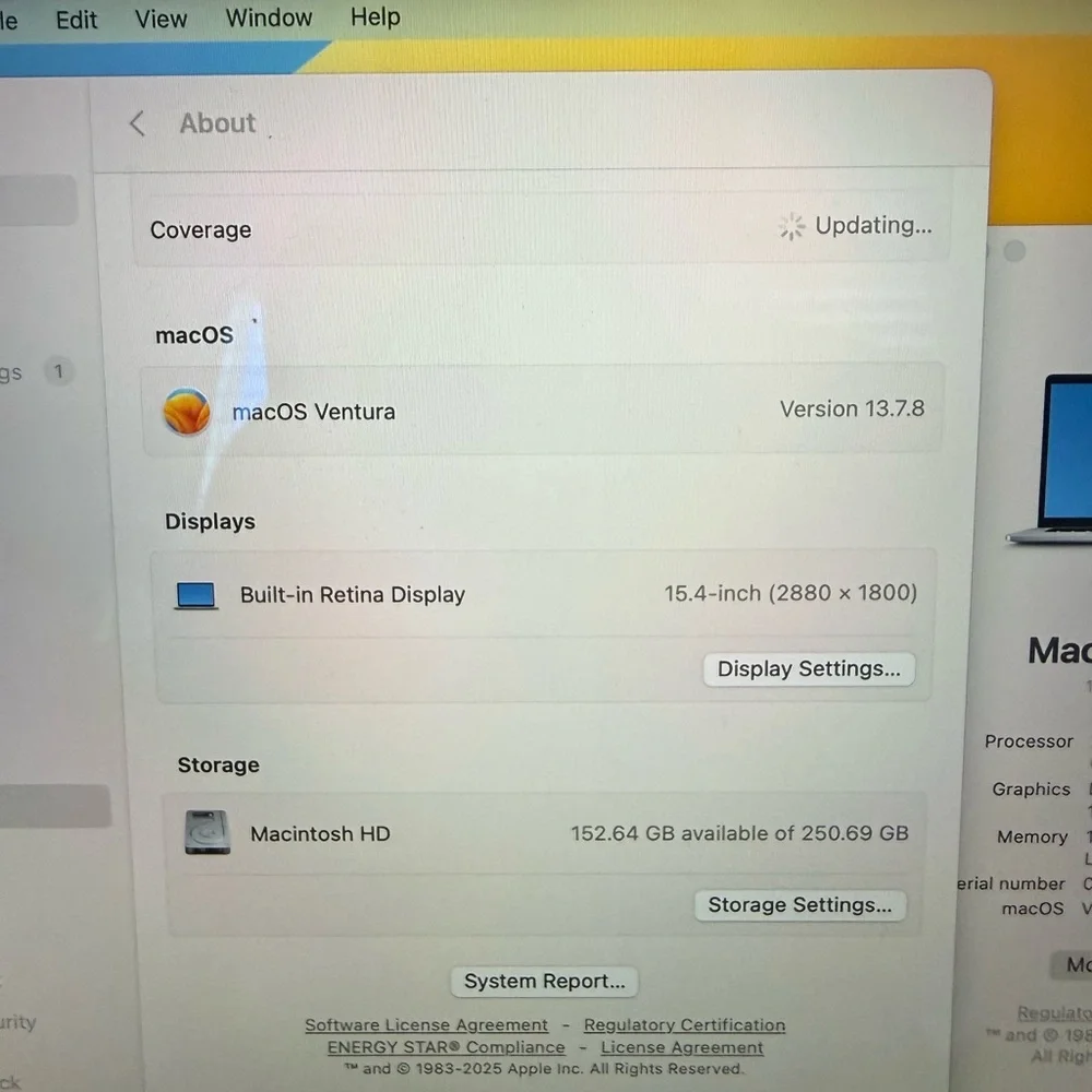 Macbook Pro laptop 250GB